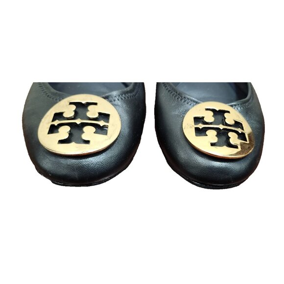Tory Burch Minnie Travel Ballet Flats Black Leather Gold Logo Women’s Size 8 - Picture 3 of 12